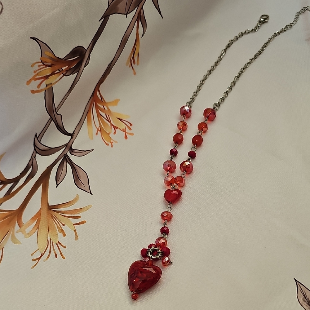 Pier 1 Red Glass Beaded Heart Necklace